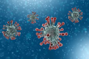 Microscopic view of Coronavirus, a pathogen that attacks the respiratory tract. Analysis and test, experimentation. Sars. 3d render